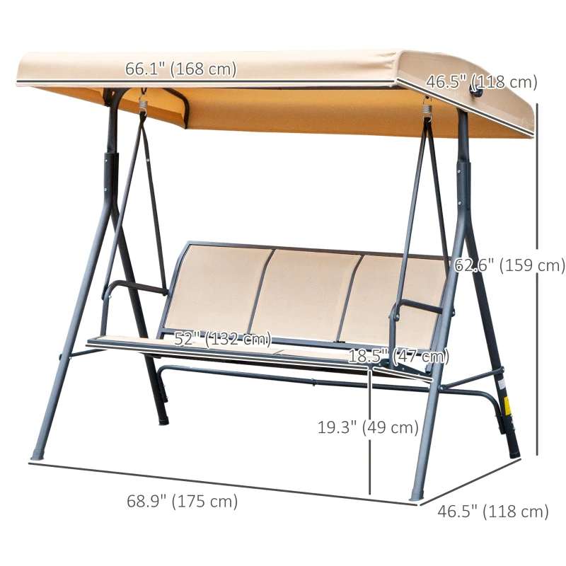 Outsunny 3-Seater Swing Chair Covered Garden Hammock A-Frame Outdoor Porch Glider Sling Seat with Adjustable Canopy Cover, Beige