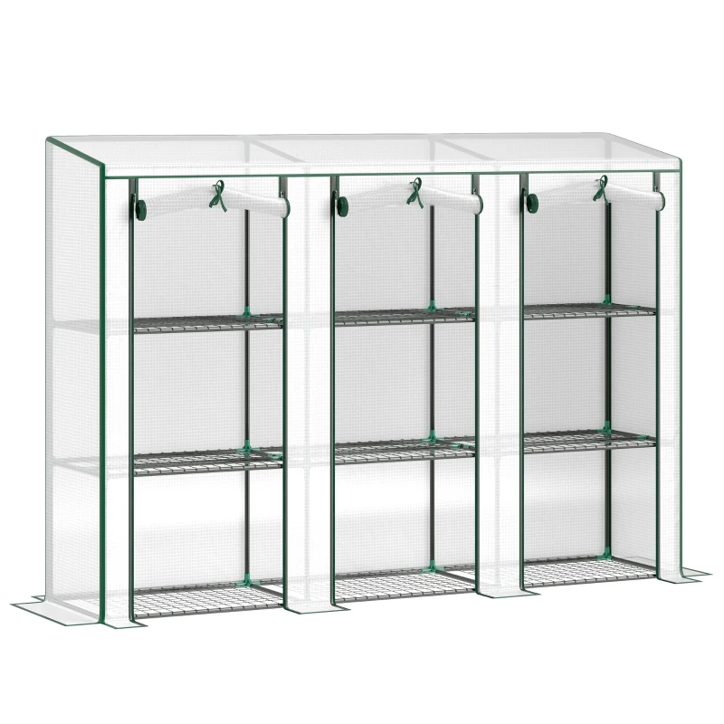 Outsunny Lean-to Greenhouse with 3 Tier Shelves, Mini Greenhouse with 3 Roll-Up Doors for Indoor Outdoor, White