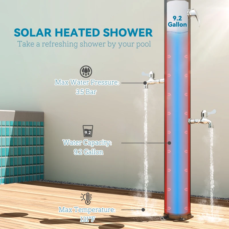 Outsunny 9.2 Gallon Slolar Heated Outdoor Shower, 7.1ft with 2 Free-Rotating Shower Heads & Foot Showers for Poolside Beach Spa