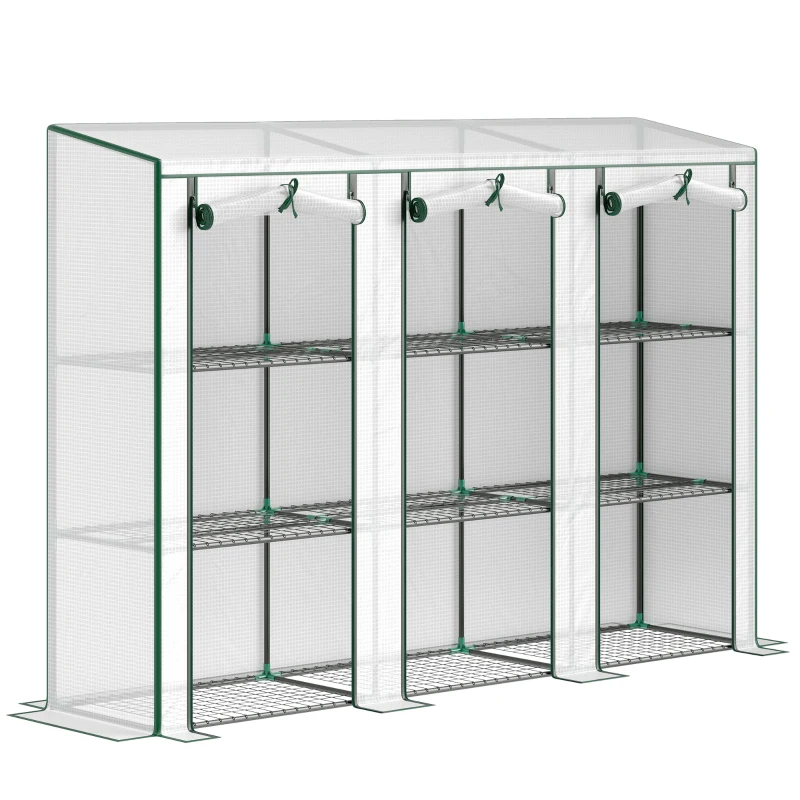 Outsunny Lean-to Greenhouse with 3 Tier Shelves, Mini Greenhouse with 3 Roll-Up Doors for Indoor Outdoor, White