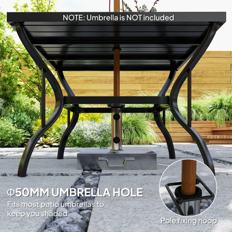 Outsunny 37" Square Outdoor Dining Table, Galvanized Steel Patio Table with 2" Umbrella Hole, Slatted Metal Top, Black