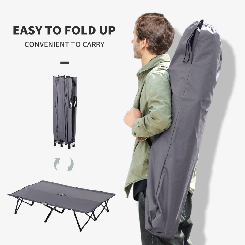 Outsunny 76" Two Person Folding Camping Cot Outdoor Portable Double Cot Wide Military Sleeping Bed w/ Carrying Bag Grey
