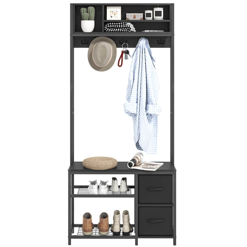 HOMCOM Hall Tree with Bench and Shoe Storage, 5-in-1 Entryway Bench with Coat Rack, 3 Storage Shelves, 2 Fabric Drawers, Black