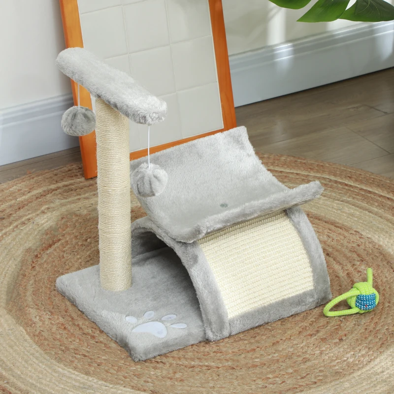 PawHut 17" Small Cat Tree with Scratching Post, Cat Tower with Rotatable Top Pole, Platform, 2 Dangling Balls, Light Grey