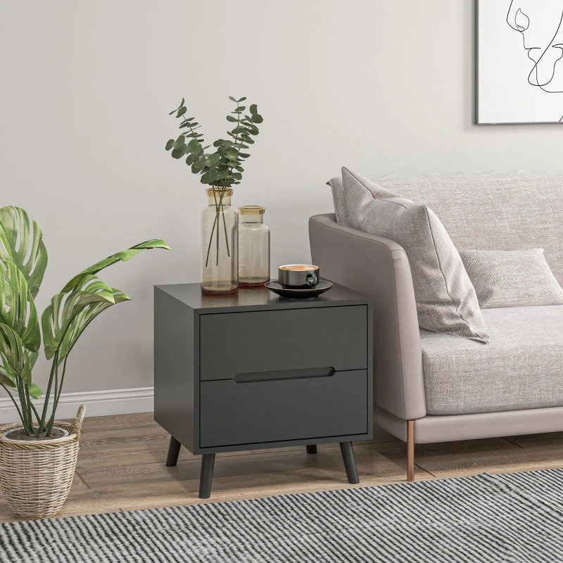HOMCOM Modern Nightstand, Night Table with 2 Drawers, Bed End Table with Solid Wood Legs for Bedroom