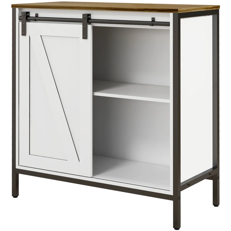 HOMCOM Buffet Cabinet, Farmhouse Sideboard, Bar Cabinet with Adjustable Shelf, Sliding Barn Door for Kitchen, White and Brown