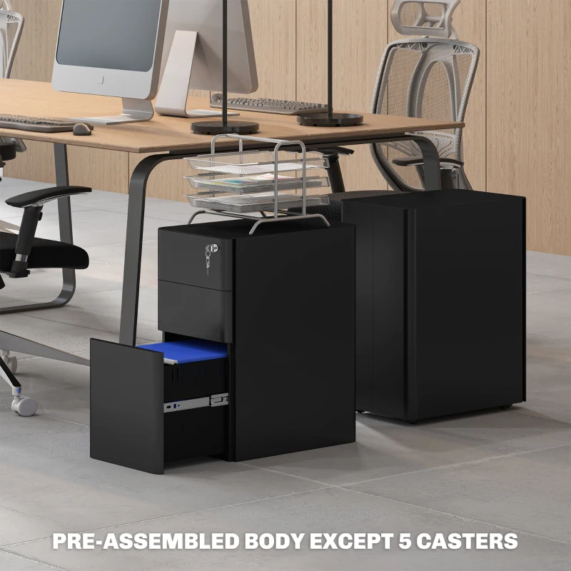 Vinsetto 3 Drawer Filing Cabinet, Lockable Steel Office Storage Cabinet with Hanging Bar for Letter, A4, Legal Files, Black