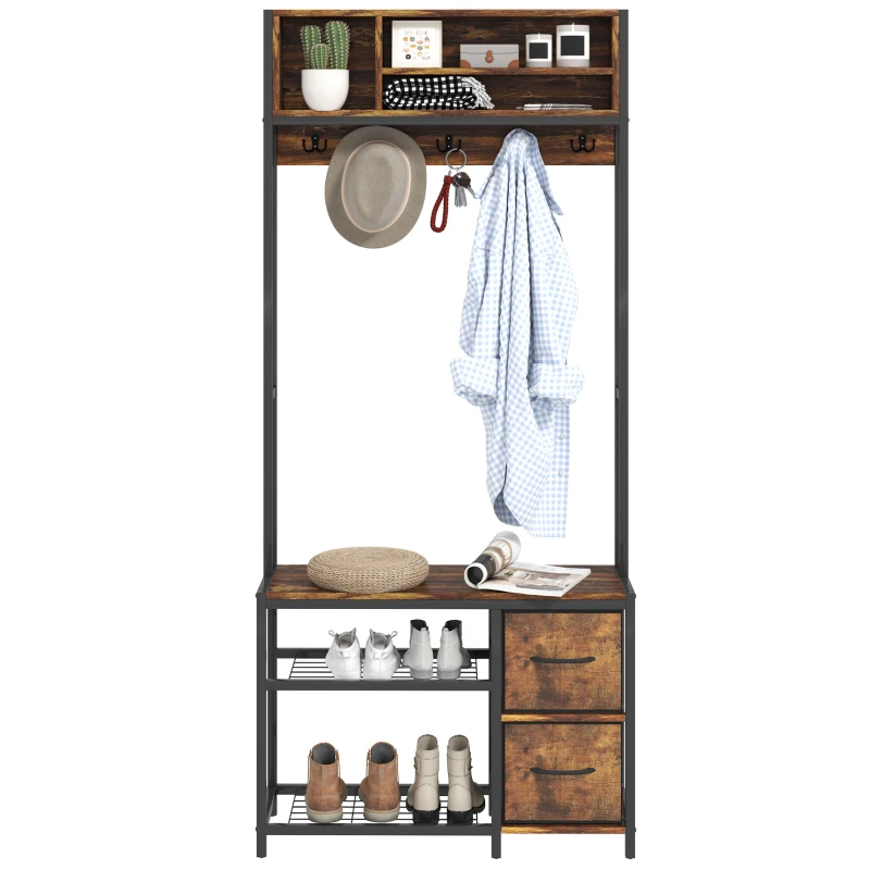 HOMCOM Hall Tree with Bench and Shoe Storage, 5-in-1 Entryway Bench with Coat Rack, 3 Storage Shelves, 2 Fabric Drawers, Brown