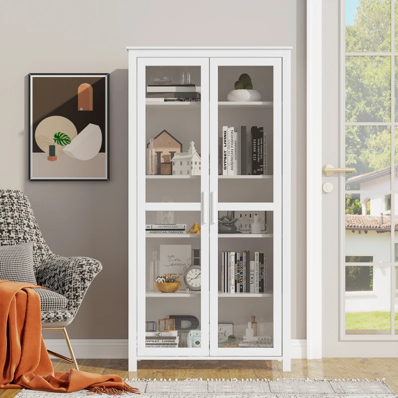 HOMCOM Freestanding Kitchen Pantry, Buffet Cabinet, 5-tier Storage Cabinet with Adjustable Shelves and 2 Glass Doors, White