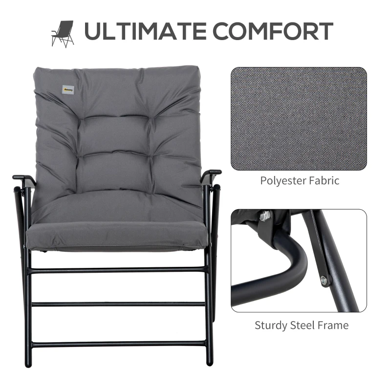 Outsunny Foldable Lounge Chair, Fabric Upholstered Recliner, Outdoor Lounger with Armrest, Metal Frame for Backyard, Grey