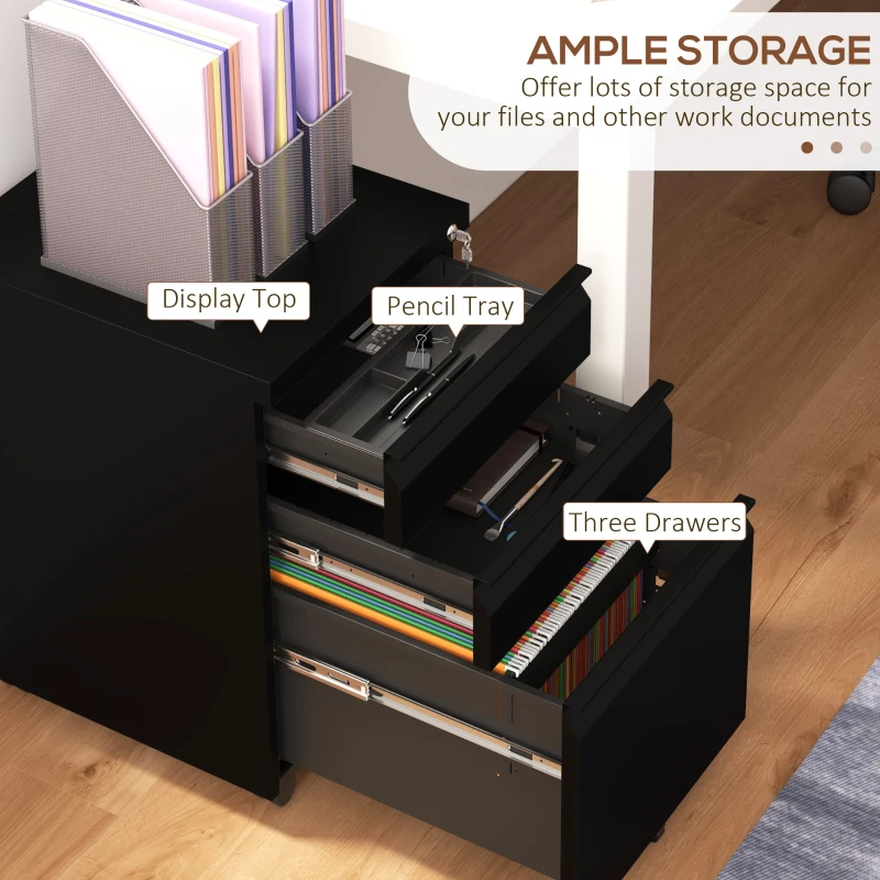 Vinsetto 3 Drawer File Cabinet with Lock, Steel Vertical Filing Cabinet with 5 Wheels and Hanging Bar for A4/Legal/Letter Size Files, Printer Stand with Pre-Assembled Body, Black