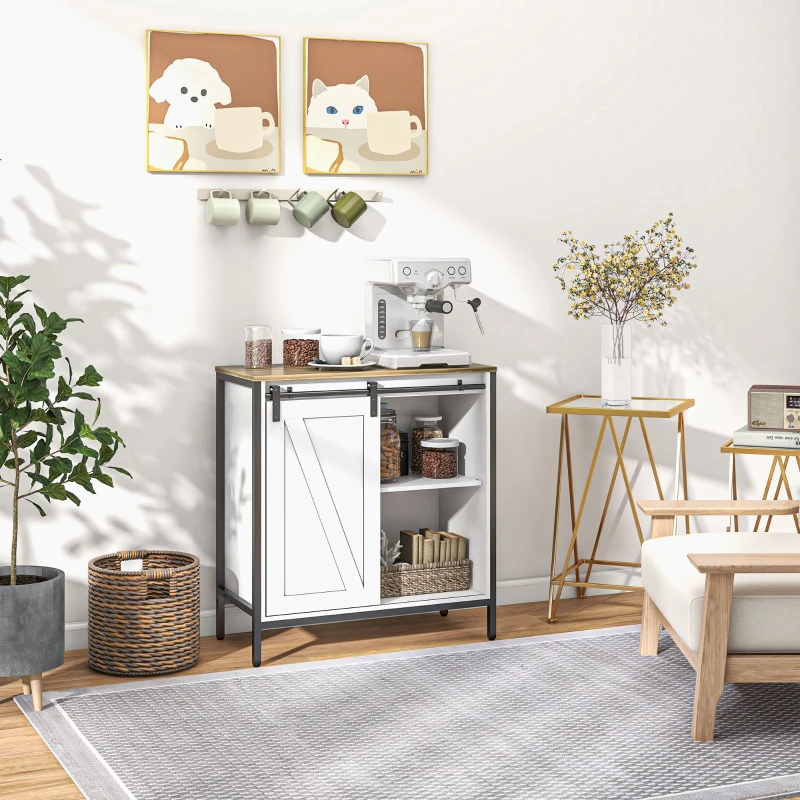 HOMCOM Buffet Cabinet, Farmhouse Sideboard, Bar Cabinet with Adjustable Shelf, Sliding Barn Door for Kitchen, White and Brown