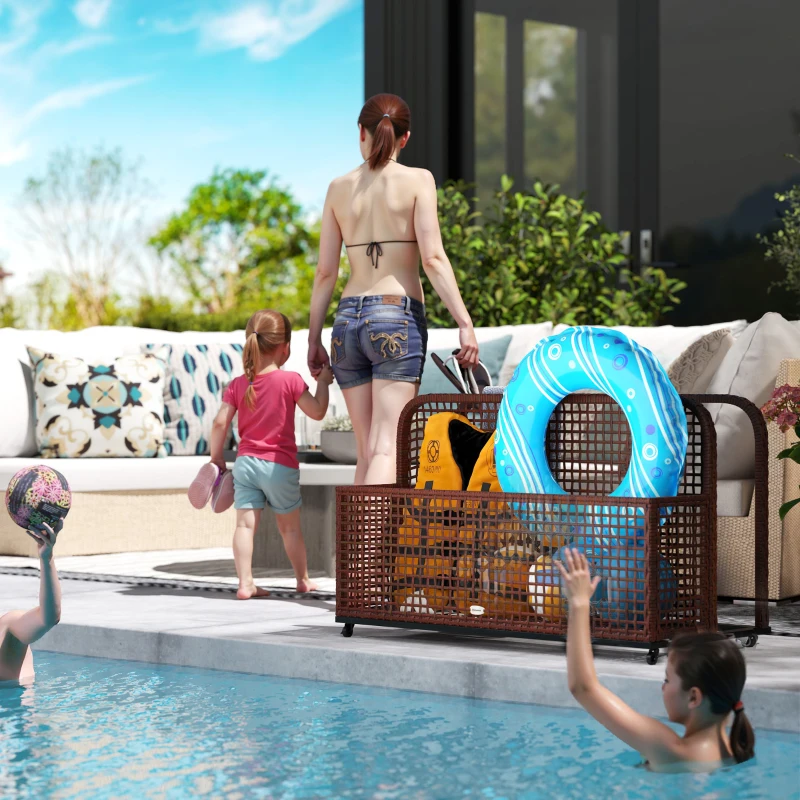 Outsunny Pool Float Storage, Pool Caddy, with Wheels, 43.25" L x 22.5" W x 28" H, Brown