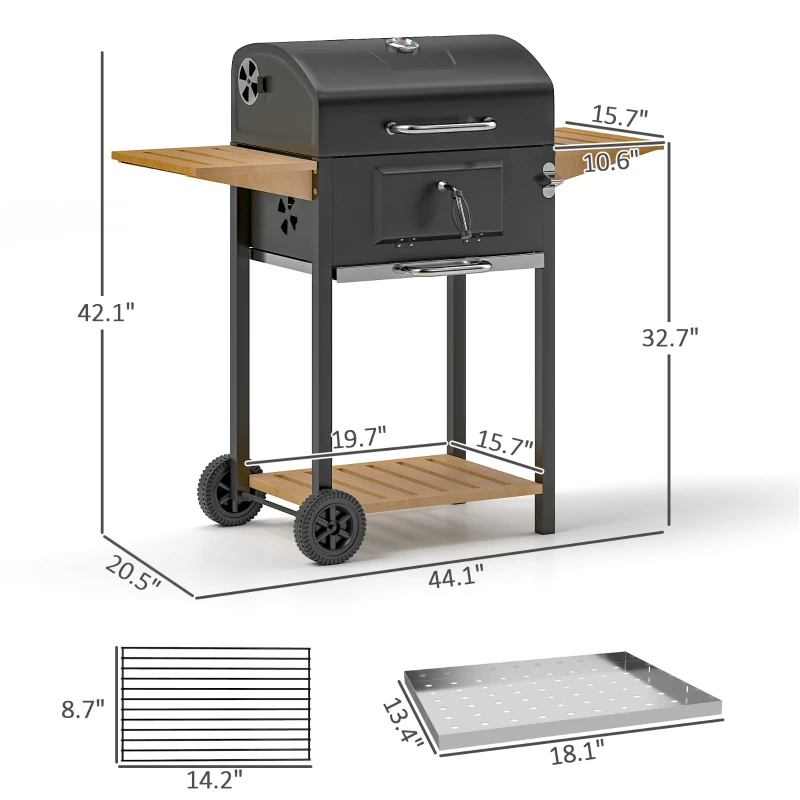 Outsunny Charcoal BBQ Grill with 245 sq. in. Cooking Area, Adjustable Charcoal Pan, 3 Shelves, Thermometer, Black