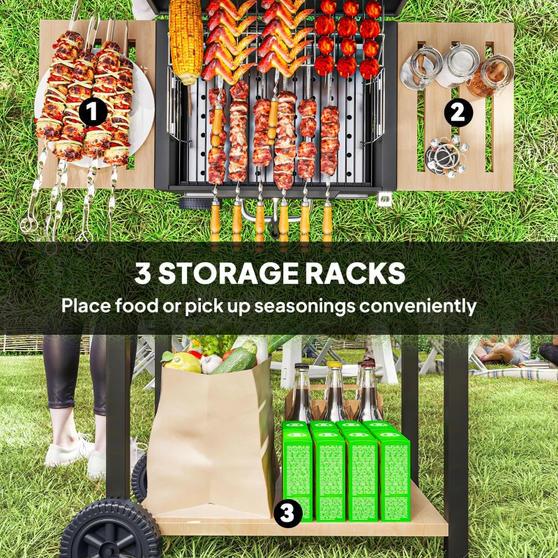 Outsunny Charcoal BBQ Grill with 245 sq. in. Cooking Area, Adjustable Charcoal Pan, 3 Shelves, Thermometer, Black