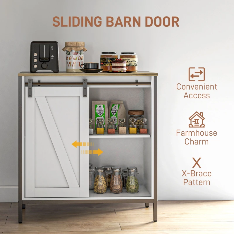 HOMCOM Buffet Cabinet, Farmhouse Sideboard, Bar Cabinet with Adjustable Shelf, Sliding Barn Door for Kitchen, White and Brown