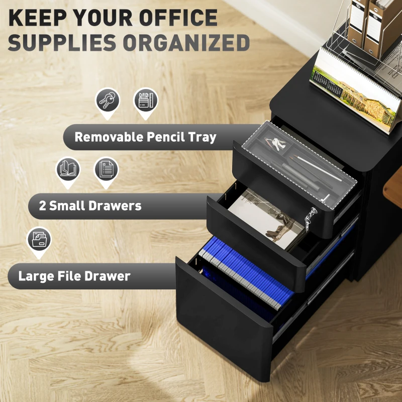 Vinsetto 3 Drawer Filing Cabinet, Lockable Steel Office Storage Cabinet with Hanging Bar for Letter, A4, Legal Files, Black