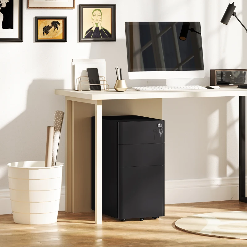 Vinsetto 3 Drawer Filing Cabinet, Lockable Steel Office Storage Cabinet with Hanging Bar for Letter, A4, Legal Files, Black