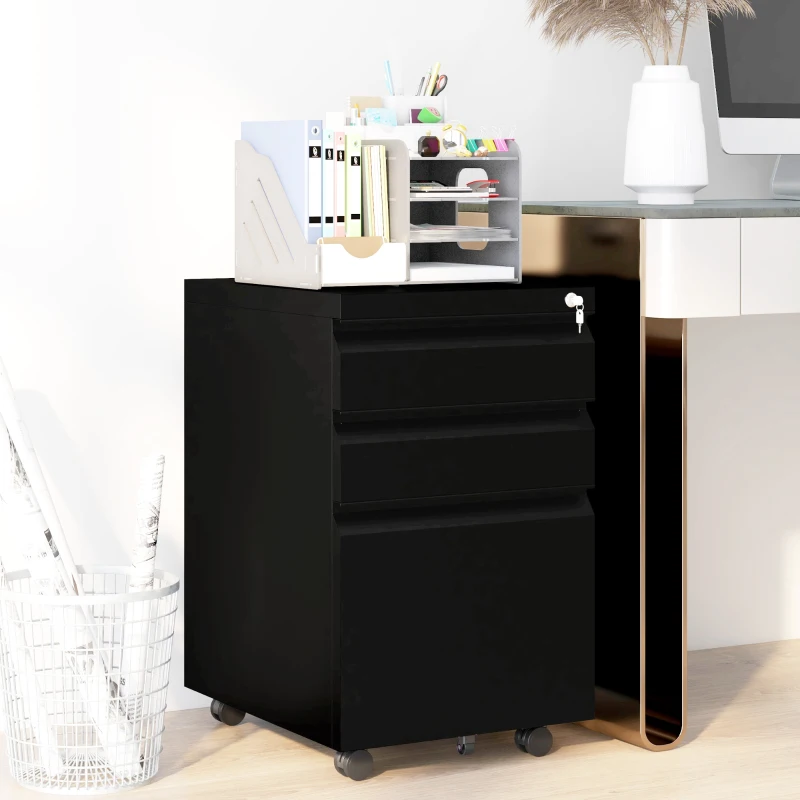 Vinsetto 3 Drawer File Cabinet with Lock, Steel Vertical Filing Cabinet with 5 Wheels and Hanging Bar for A4/Legal/Letter Size Files, Printer Stand with Pre-Assembled Body, Black