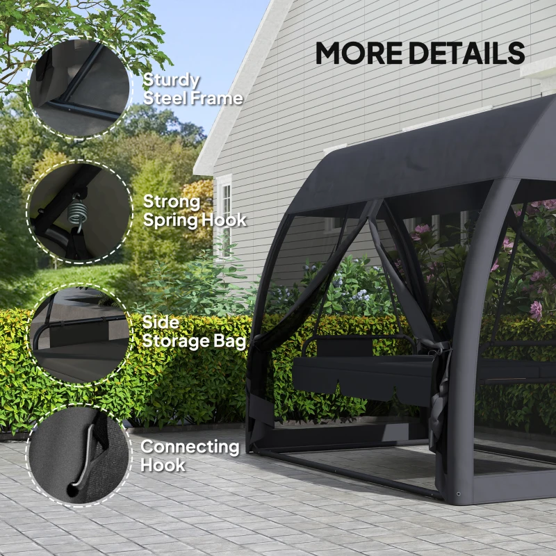 Outsunny 3 Seat Outdoor Swing Chair Convertible Covered Day Bed with Canopy, Mesh Netting, Steel Stand for Garden, Patio, Gray