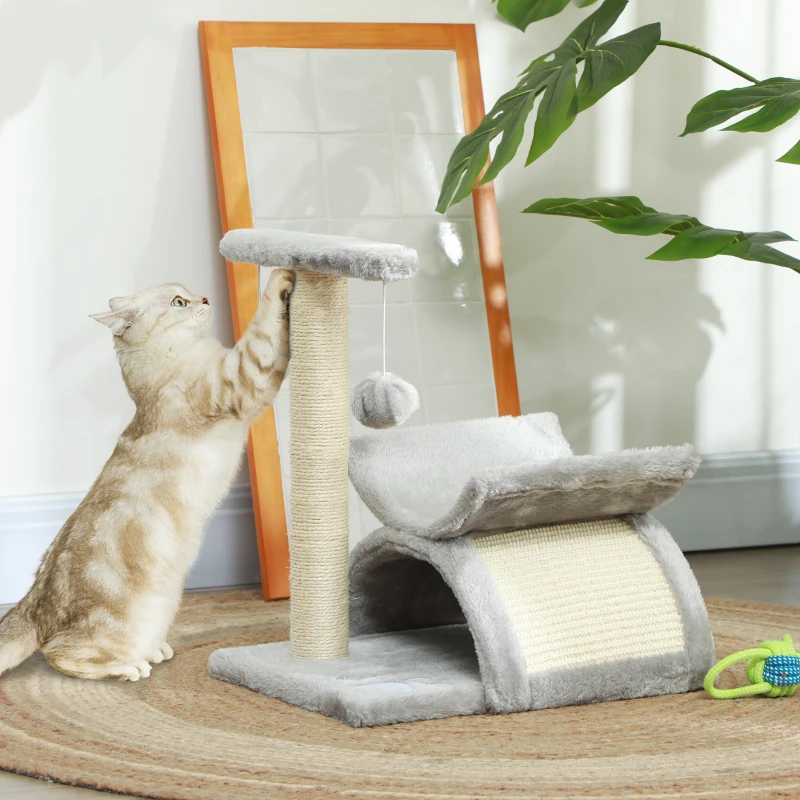 PawHut 17" Small Cat Tree with Scratching Post, Cat Tower with Rotatable Top Pole, Platform, 2 Dangling Balls, Light Grey