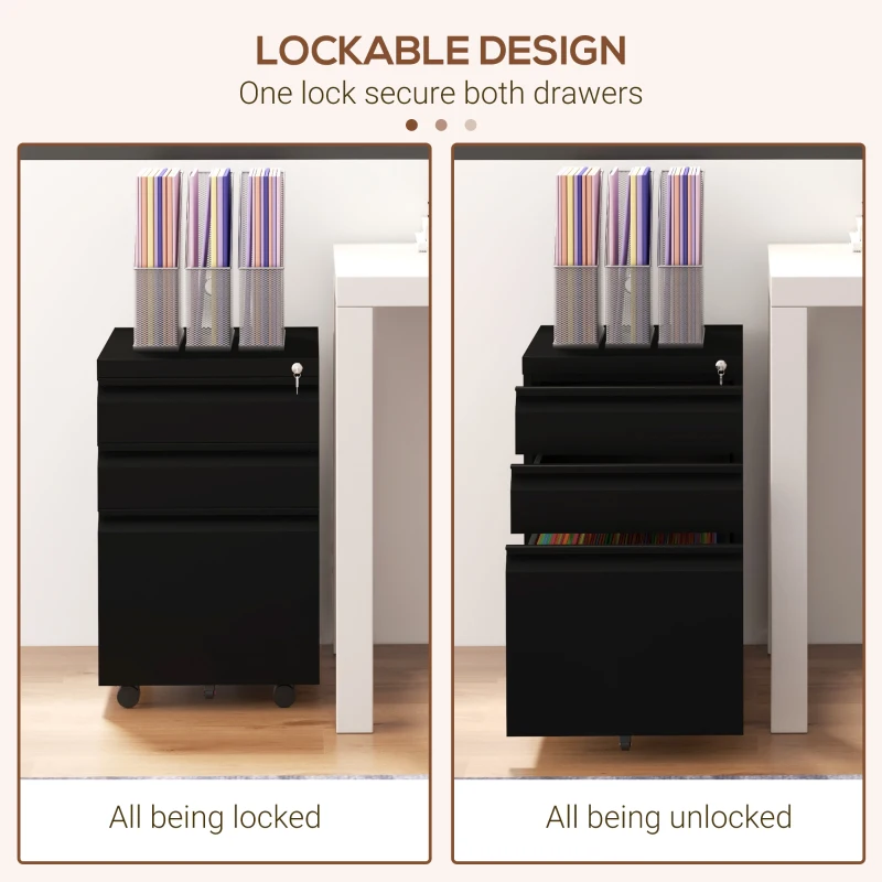 Vinsetto 3 Drawer File Cabinet with Lock, Steel Vertical Filing Cabinet with 5 Wheels and Hanging Bar for A4/Legal/Letter Size Files, Printer Stand with Pre-Assembled Body, Black