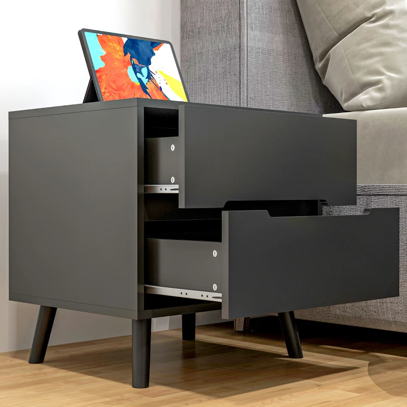HOMCOM Modern Nightstand, Night Table with 2 Drawers, Bed End Table with Solid Wood Legs for Bedroom