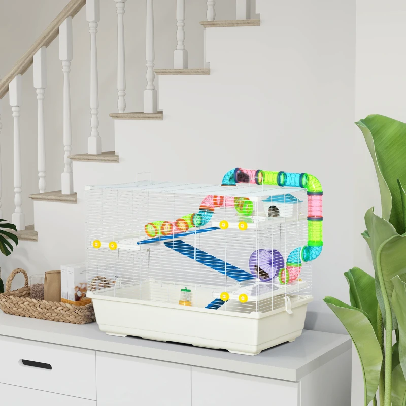 PawHut 31" Large Hamster Cage, Small Animal House, Multi-storey Gerbil Haven, Tunnel Tube System, with Water Bottle, Exercise Wheel, Food Dish, Ramps, White