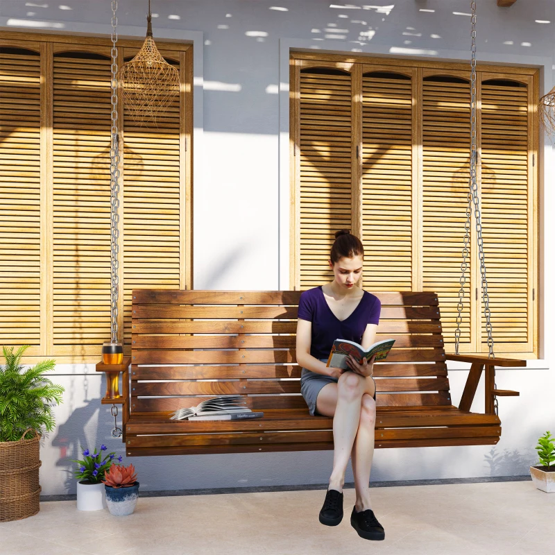 Outsunny 3-Seater Swing Bench, Wooden Porch Swing with Cupholders, Hanging Chains for Patio Garden, Carbonized
