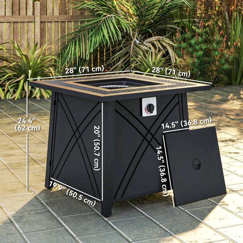 Outsunny 28" Propane Fire Pit Table 40,000 BTU Square Outdoor Gas Fire Table with Waterproof Cover, Adjustable Foot Pads