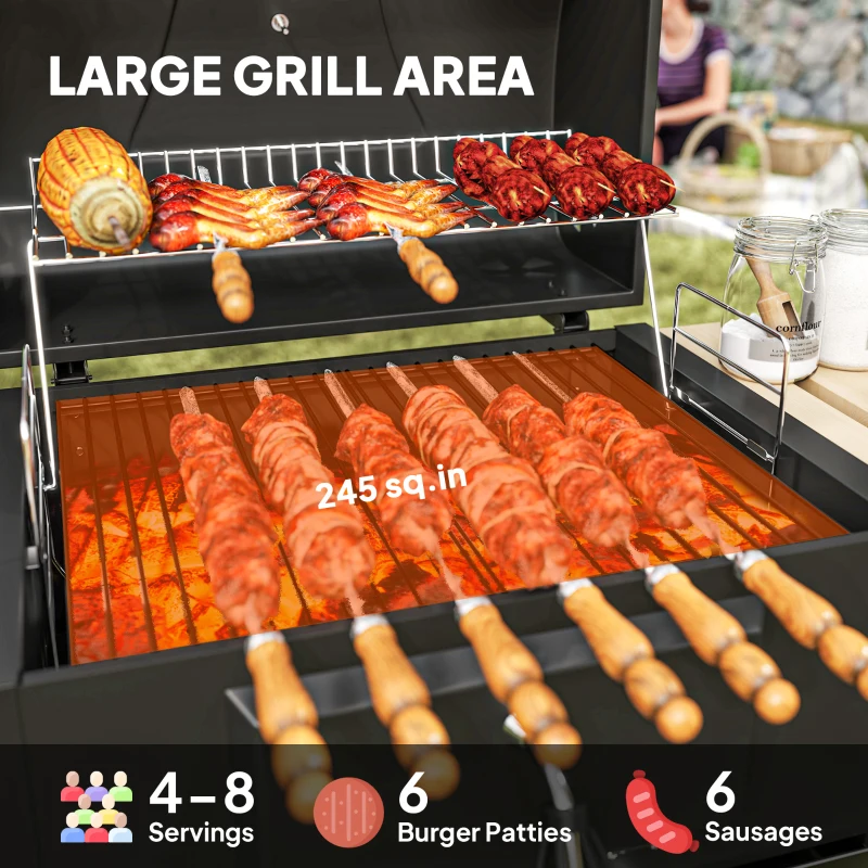 Outsunny Charcoal BBQ Grill with 245 sq. in. Cooking Area, Adjustable Charcoal Pan, 3 Shelves, Thermometer, Black