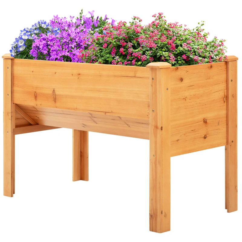 Outsunny Wooden Raised Garden Plant Stand Outdoor Tall Flower Bed Box with Hooks, 48" x 24" x 32", Nature Wood