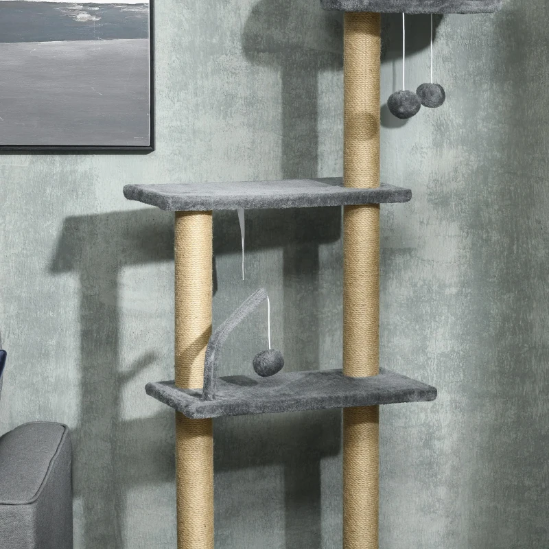 PawHut Floor to Ceiling Cat Tree, 90.5" - 98.5" Cat Tower with Scratching Post, Dangling Balls, Platforms, Bed, Hammock, Grey