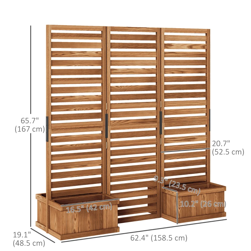 Outsunny Outdoor Privacy Screen Wood Privacy Panel with 4 Planter Boxes, Raised Bed with 3 Panels, Drainage Holes