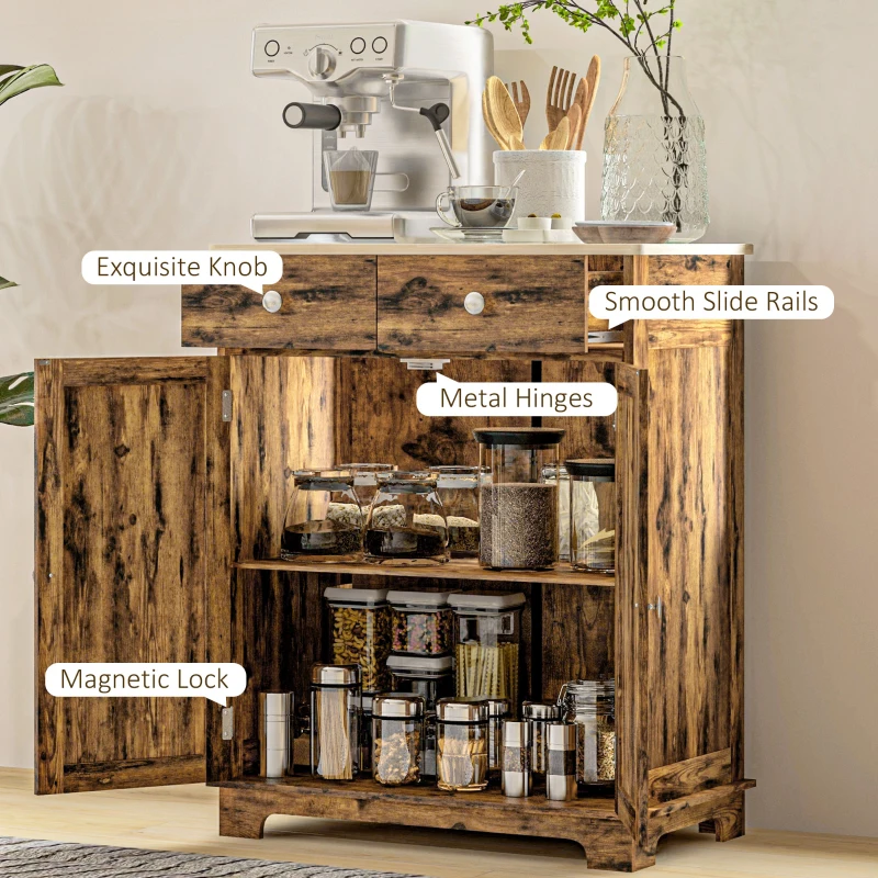 HOMCOM Kitchen Storage Cabinet with Adjustable Shelf, 2 Drawers and 2 Doors, Sideboard Buffet Cabinet, Rustic Brown