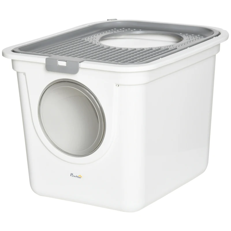 PawHut Enclosed Cat Litter Box, Easy Cleaning Kitty Litter Box with Front Entrance, Top Exit, Scoop, White