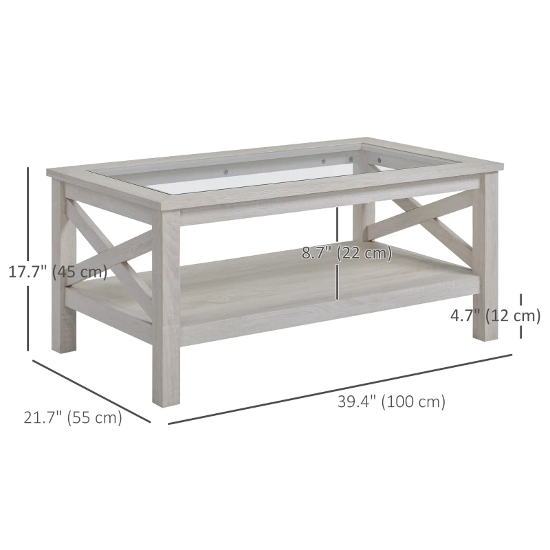 HOMCOM Farmhouse Coffee Table with Tempered Glass Table Top, 2-tier Center Table with Bottom Storage Shelf for Living Room, Bedroom