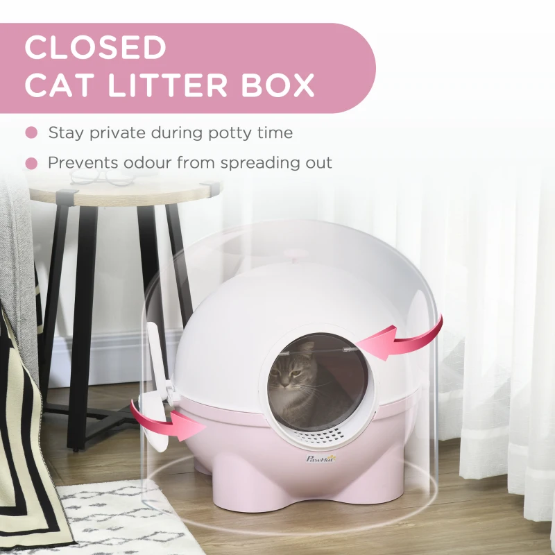 PawHut Enclosed Cat Litter Box, Large Kitty Litter Box with Lid, Scoop, Leaking Sand Pedal, Top Handle, Pink