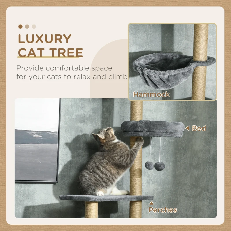 PawHut Floor to Ceiling Cat Tree, 90.5" - 98.5" Cat Tower with Scratching Post, Dangling Balls, Platforms, Bed, Hammock, Grey