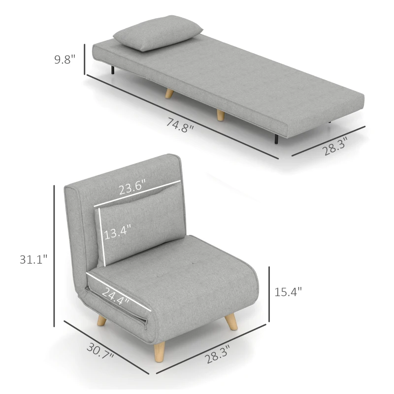 HOMCOM Chair Bed W/ Adjustable Backrest, 2-in-1 Multi-Functional Sofa Bed, Gray