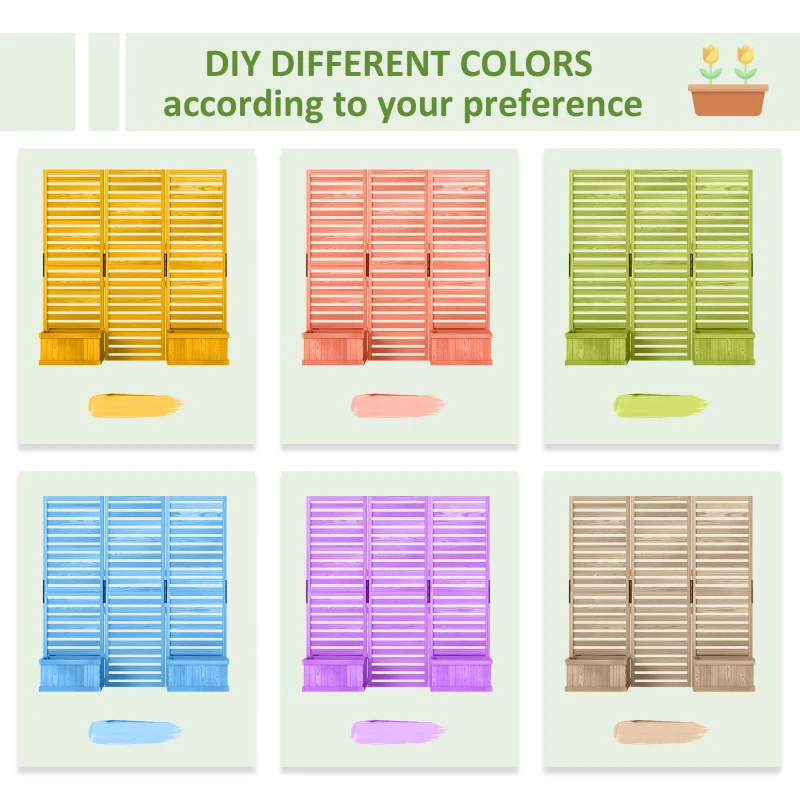 Outsunny Outdoor Privacy Screen Wood Privacy Panel with 4 Planter Boxes, Raised Bed with 3 Panels, Drainage Holes