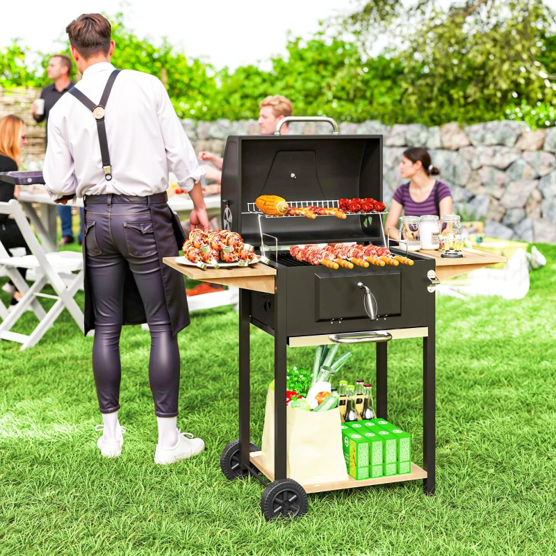 Outsunny Charcoal BBQ Grill with 245 sq. in. Cooking Area, Adjustable Charcoal Pan, 3 Shelves, Thermometer, Black