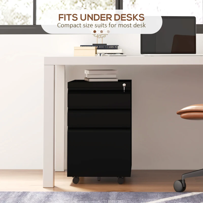 Vinsetto 3 Drawer File Cabinet with Lock, Steel Vertical Filing Cabinet with 5 Wheels and Hanging Bar for A4/Legal/Letter Size Files, Printer Stand with Pre-Assembled Body, Black