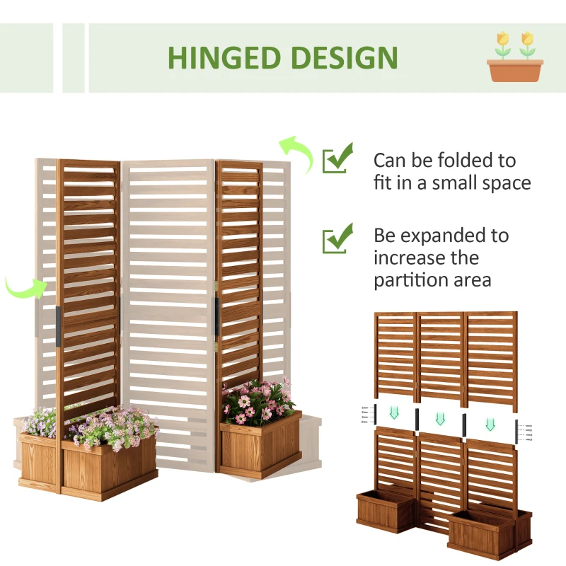 Outsunny Outdoor Privacy Screen Wood Privacy Panel with 4 Planter Boxes, Raised Bed with 3 Panels, Drainage Holes
