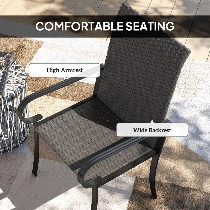 Outsunny Set of 2 Outdoor Wicker Dining Chairs with Armrest, Steel Frame, High Back and Deep Seating, Brown