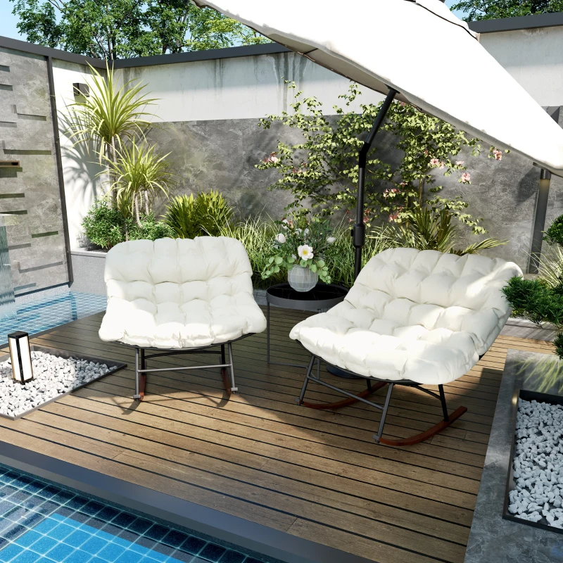 Outsunny Outdoor Rocking Chair Patio Set of 2, Oversized Rocking Papasan Chairs with Cushions for Garden Porch, 265 lbs., Beige