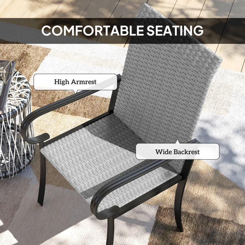 Outsunny Set of 4 Outdoor Wicker Dining Chairs with Armrest, Steel Frame, High Back and Deep Seating, Gray
