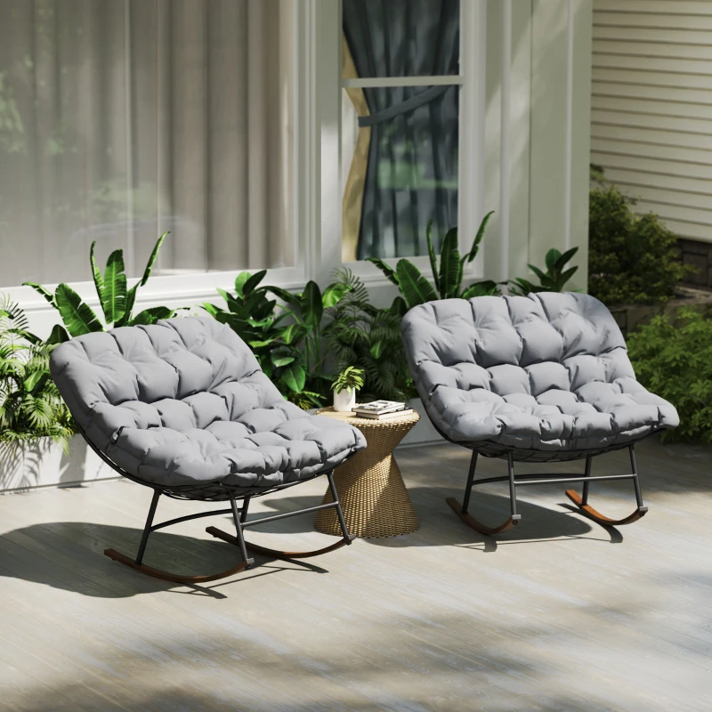 Outsunny Outdoor Rocking Chair Patio Set of 2, Oversized Rocking Papasan Chairs with Cushions for Garden Porch, 265 lbs., Gray