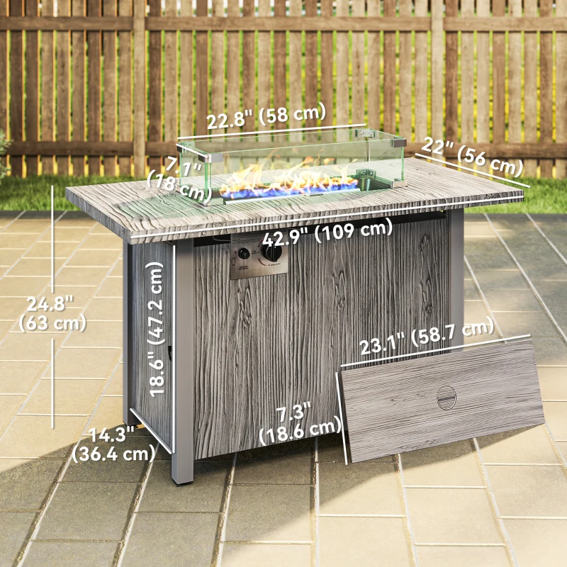 Outsunny 50,000 BTU Gas Fire Pit Table with Cover and Glass Screen, Grey