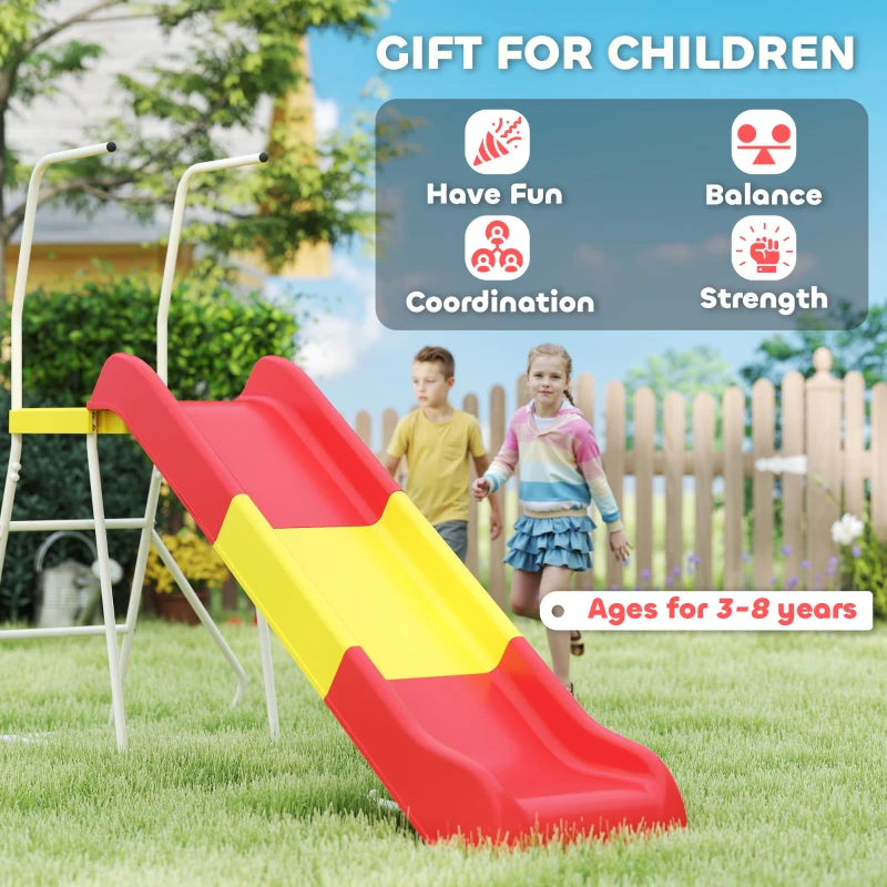 Qaba 6ft Slide for Kids, Metal Freestanding Playground Equipment with Climbing Ladder, for Backyard, Outdoor, Indoor, Red